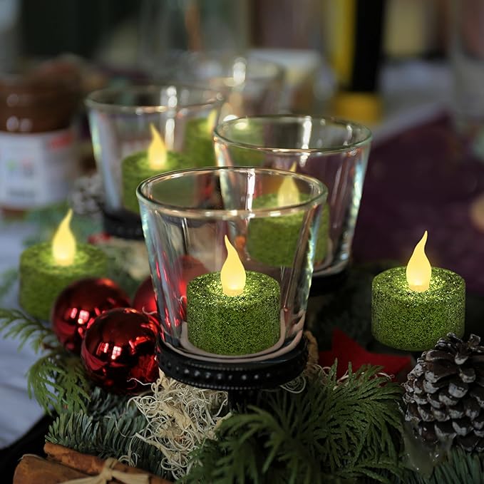 FURORA LIGHTING Green Glitter LED Tealight Candles Pack of 12, Flameless Flickering Tealight Candles for Home Décor, 1.5’’(W) x 1.65’’(H), Battery Operated