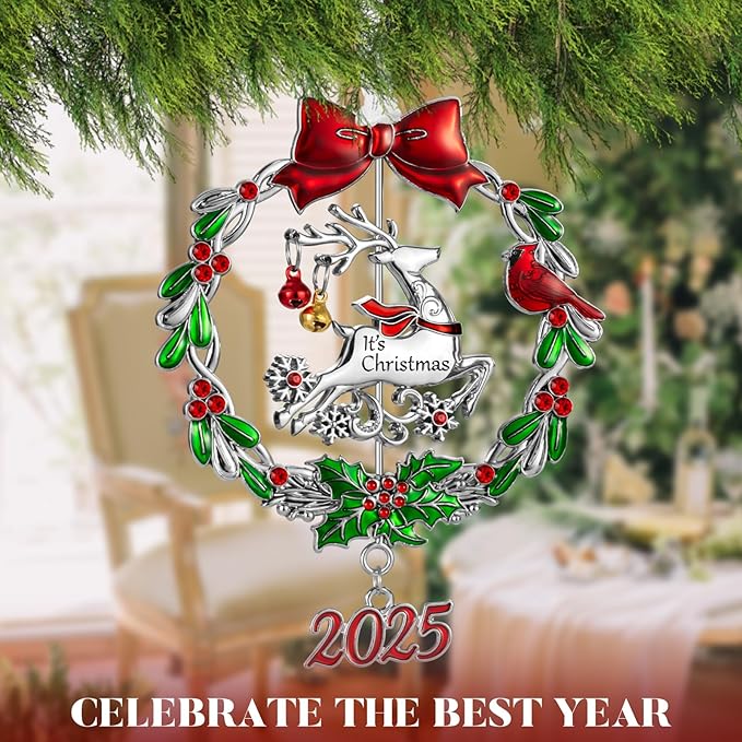 Christmas Tree Ornament Metal Silver Hanging Rotatable Design Charm Holiday Decorative Pendant Gift Keepsake (2025 Deer)
