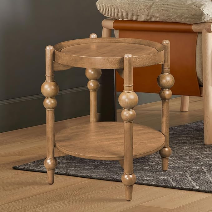 LKTART Nesting End Table for Living Room,Round Solid Wood Frame Nest Side Tables with Storage,Retro Accent Center Table for Small Space Apartment (25''D×24''H-Natural)