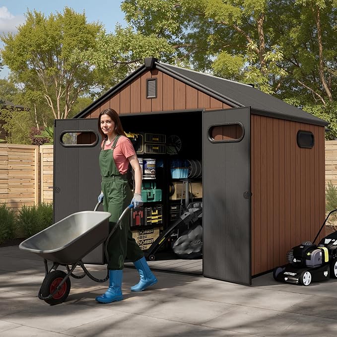 CRESTLIVE 8x8 FT Rust-Resistant Plastic Outdoor Storage Shed, Waterproof Resin Garden Shed with Floor, Doors, Skylight & Vent for Lawn Tools & Bikes