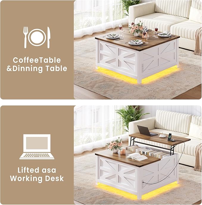 Farmhouse Coffee Table with Lift Top Storage, Square Wood Center Table, USB Charging Station,White