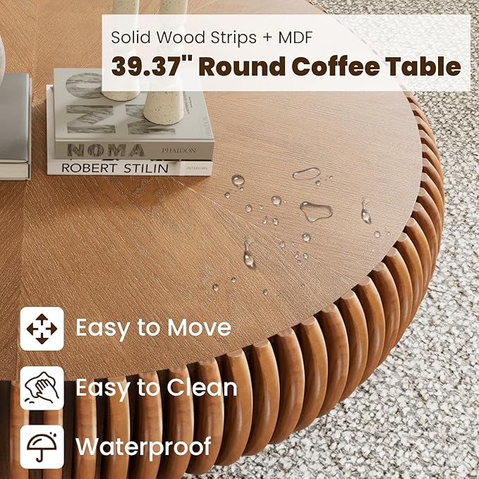39.3" Drum Coffee Table Modern Unique Fluted Tea Table Contemporary Wood Round Coffee Table with Fluted Centry Table for Living Room Walnut (39.3" Brown)