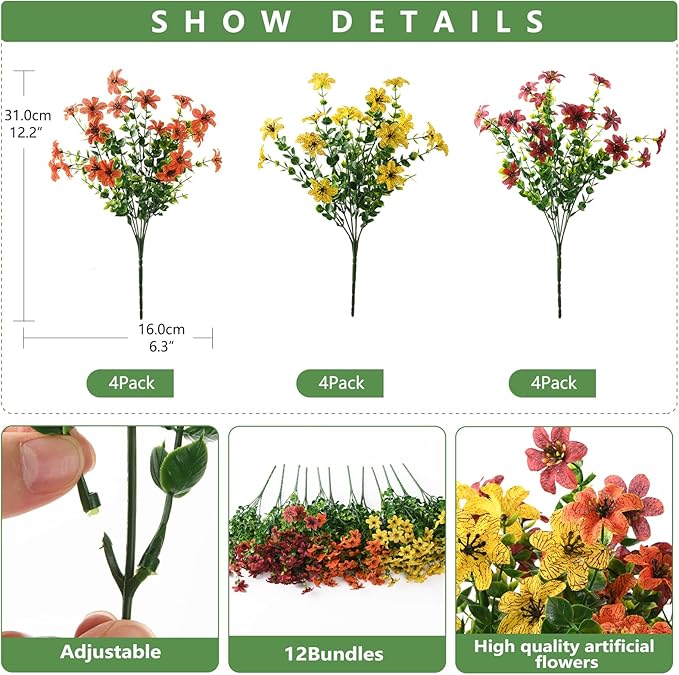 Homsunny Artificial Mums Flowers Outdoors Autumn Decor, Fall Fake Silk Daisy UV Resistant, 12 Bundles Outside Faux Flower Plants for Home Garden Porch Patio Yard Balcony Window (Yellow Brown Orange)
