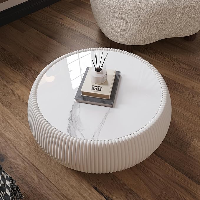 27.55" White Round Coffee Table, Drum Coffee Table with Sintered Stone Tabletop and Fluted PU Leather Covered and Stable Base, Circle Cocktail Tea Table for Living Room