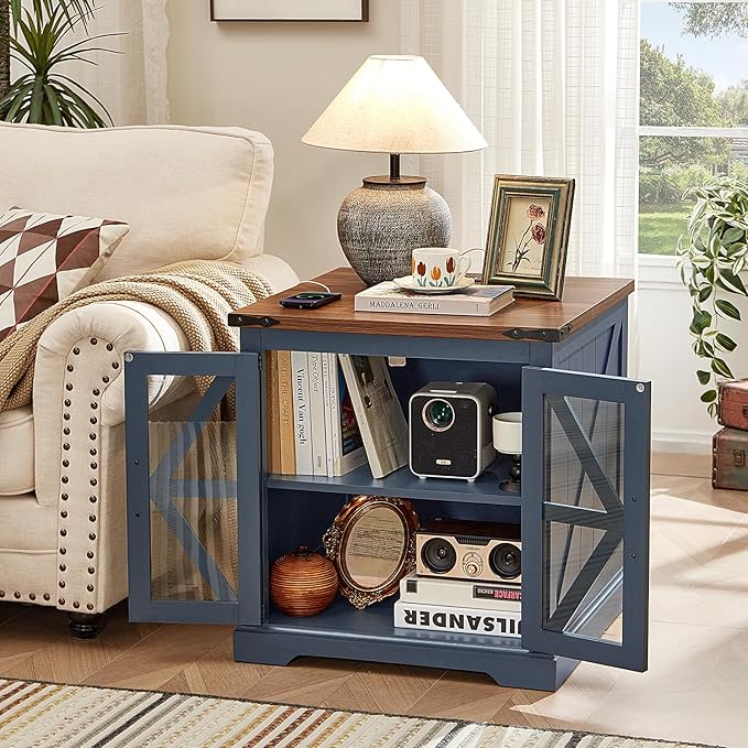 End Tables Living Room Set 2, 18'' Night Stand and 24" Square Side Table with Charger Station, Wood Furniture Sets, Nightstand Bedside End Table for Bedroom