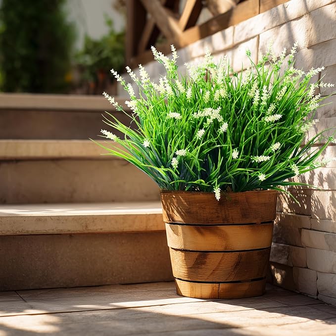 12 Bundles Artificial Lavender Flowers Faux Plants for Outdoor Fake Monkey Grass with Flowers Realistic Faux Greenery Shrubs for Porch Planters Patio Garden Window Boxes Pathway Decor (White)