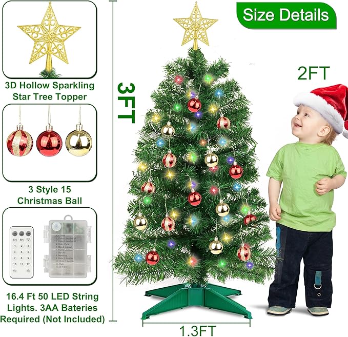 3 Ft Green Christmas Tree 12 Modes Dual Color Change Timer DIY 50 Warm White & Multicolor Lights Star 15 Ball Ornaments Battery Operated Small Artificial Full Xmas Tree Table Home Indoor
