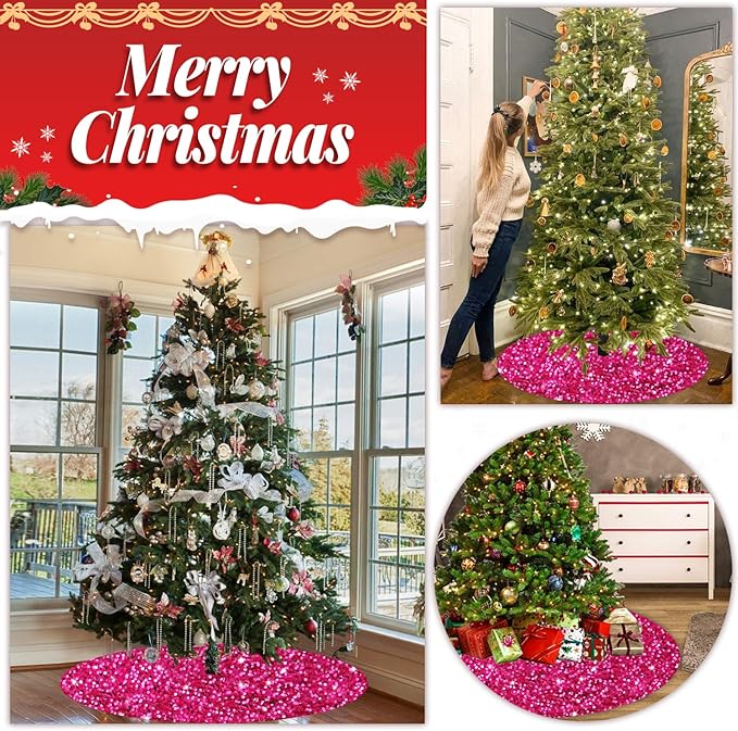 FOTSHARER Tree Skirts 60 Inch Hot Pink Christmas Tree Skirt Sequin Velvet Tree Skirt Personalized Unique Christmas Tree Skirt Pink Xmas Tree Skirt for Artificial Tree for Home Party Holiday Decoration