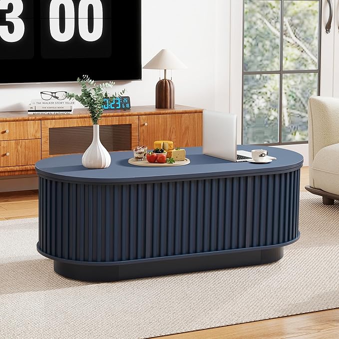 Oval Lift Top Coffee Table with Storage, 43.3”Mid Century Modern Center Table with Hidden Compartment, Fluted Wooden Lift Tabletop Dining Table for Living Room Apartment Home Office,Blue