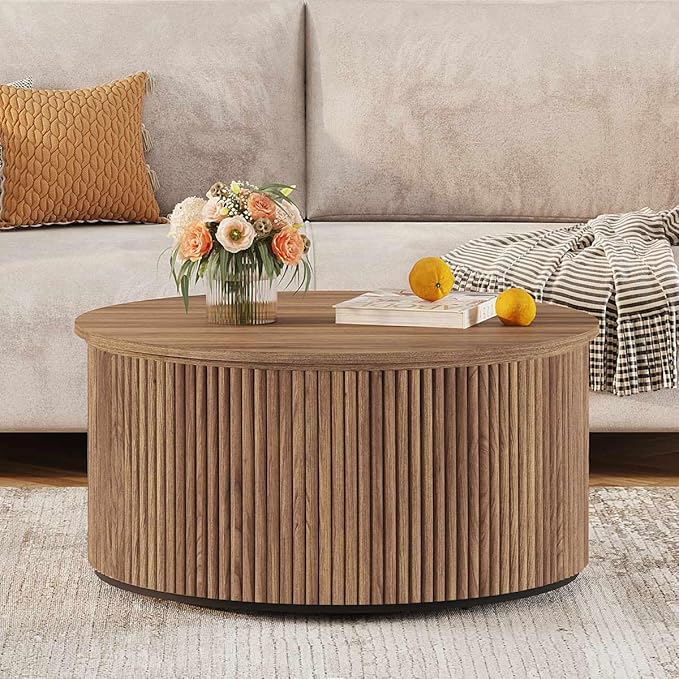 FATORRI Round Coffee Table, Fluted Woodern Center Table, Mid-Century Modern Coffee Tables for Small Space, Living Room, Bedroom (31.5 Inch, Walnut)