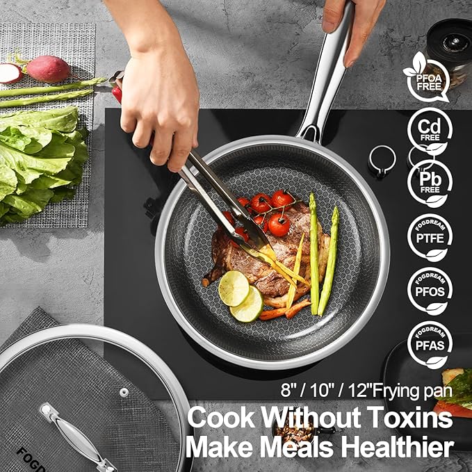 Fogdream 10“11” Non Stick Frying Pans, Stainless Steel Skillet with Lid, Tri-Ply Stainless Steel for All Cooktops, Dishwasher and Oven-Safe Cooking Pan, Stay-Cool Handle, Silver
