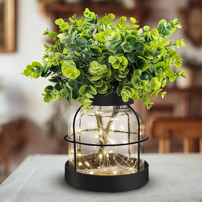 Rustic Farmhouse Glass Vases with Green Artificial Eucalyptus Plants & Lights Primitive Vintage Lantern Home Decor Centerpiece for Counter Coffee Table Shelf Office Dining Room Kitchen Bathroom,Black