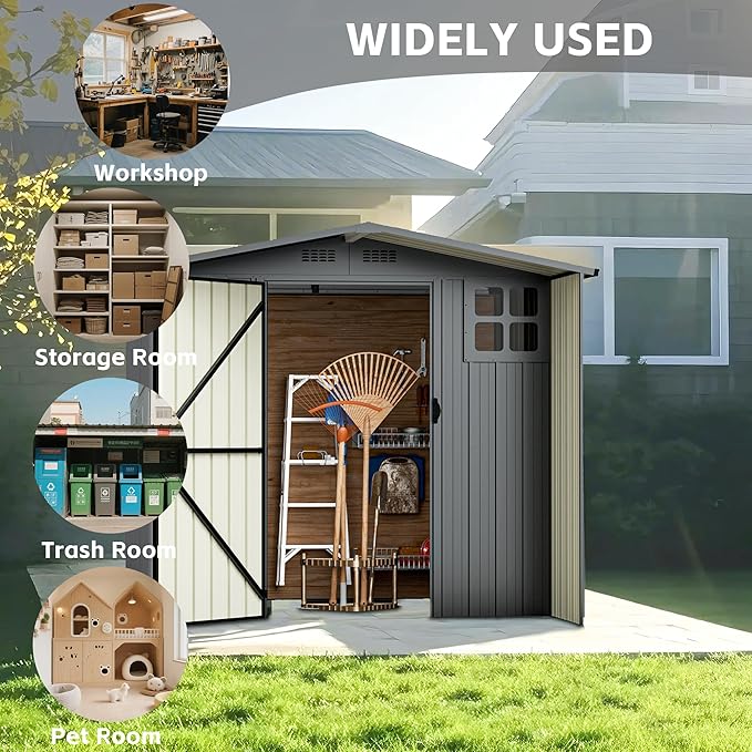 6×6 FT Metal Outdoor Storage Shed with Windows, Lockable Waterproof Sheds & Outdoor Storage, Garden Tool Shed for Lawn Mower & Backyard Patio, Dark Gray (No Floor)