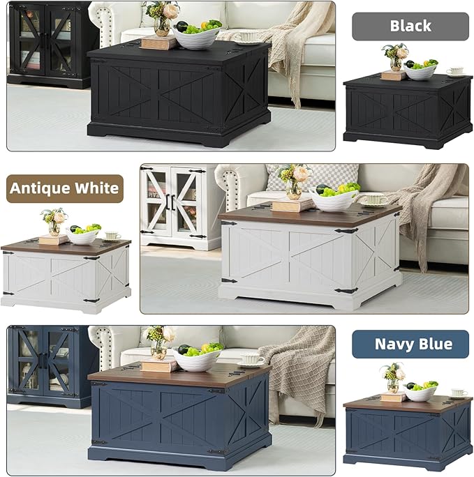 Farmhouse Coffee Table with Large Hidden Storage Compartment, Rustic Black Square Center Table, Wood Low Farm House Modern Living Room Tables with Hinged Lift Top & Wooden Arc Base