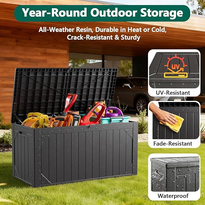 100 Gallon Outdoor Storage Box, Lockable Resin Deck Box for Patio Cushions, Throw Pillows, Garden Tools, Weatherproof Large Outdoor Storage Bench for Yard, Porch, or Balcony