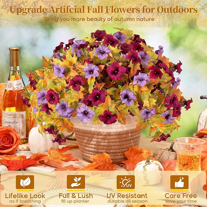 4PCS Artificial Fall Fake Flowers Plants for Outdoor Decoration No Fade Faux Petunias UV Resistant Realistic Autumn Silk Flowers for Home Garden Balcony Yard Porch Deco (Burgundy Purple)
