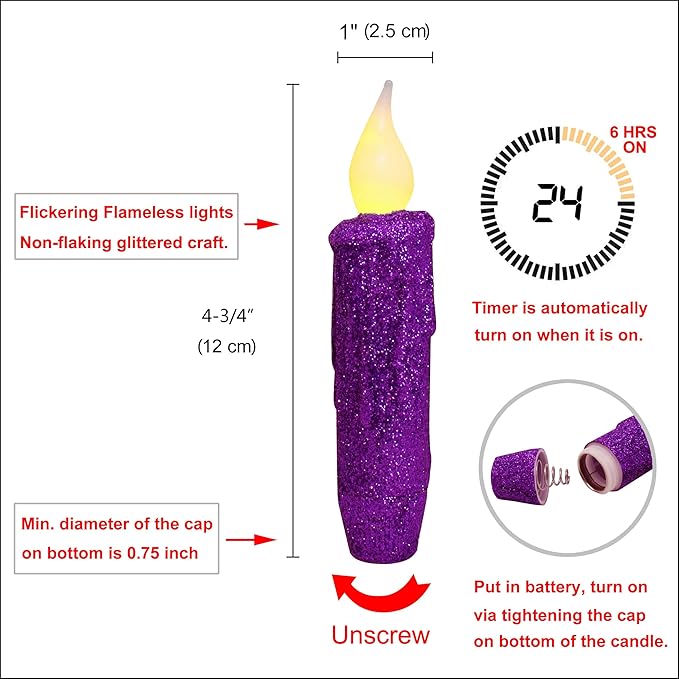 CVHOMEDECO. Glitter Flameless Candles Flickering Battery Operated LED Taper Candles with Timer for Home, Wedding, Halloween, Christmas Decor. Purple, 4-3/4 Inch, Set of 6