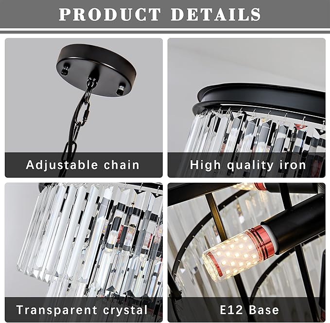 Round Crystal Chandelier 6-Lights 15.8" Black K9 Crystal Pendant Lights 3-Tier Luxury Hanging Dining Room Light Fixture for Living Room Bedroom Kitchen Island Entryway Hallway