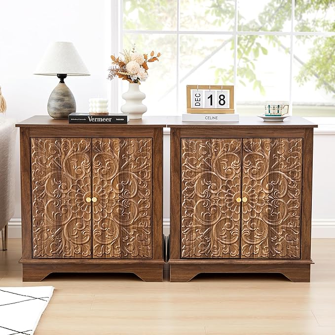 End Table Set of 2, Carved Floral Square Nightstand with Adjustable Shelf, Farmhouse Wooden 2 Door Side Table for Living Room Bedroom (Walnut)