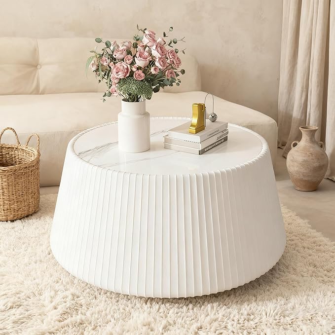 Round Living Room Table Set, 26.77" White Drum Center Table and 19.68" Grey Coffee Table Set, 2 Pieces Coffee Table Set with Sintered Stone Tabletop, Fluted PU Leather Covered and StableBase