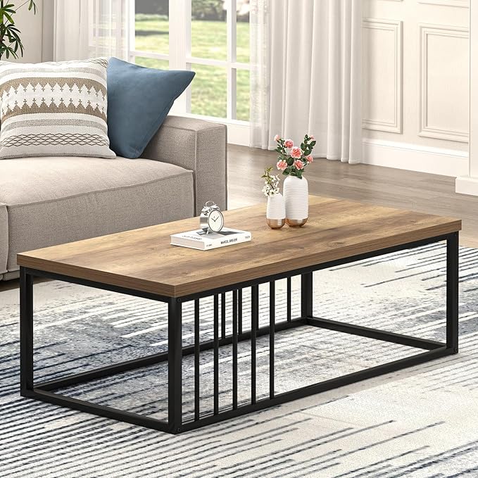 FOLUBAN Modern Coffee Table, Minimalist Wood and Metal Center Table for Living Room, Rustic Oak, 43.3 Inch