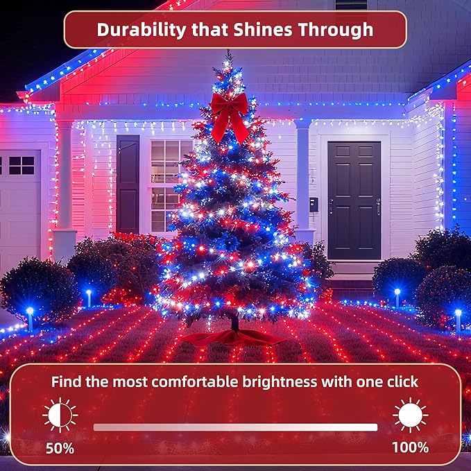 240FT Christmas Lights Outdoor, 750 LED Christmas Tree Decoration Lights with 12 Modes & Timer Memory, Dimmable Plug In Waterproof LED Xmas Light for Yard Wedding Party Holiday Red White & Blue