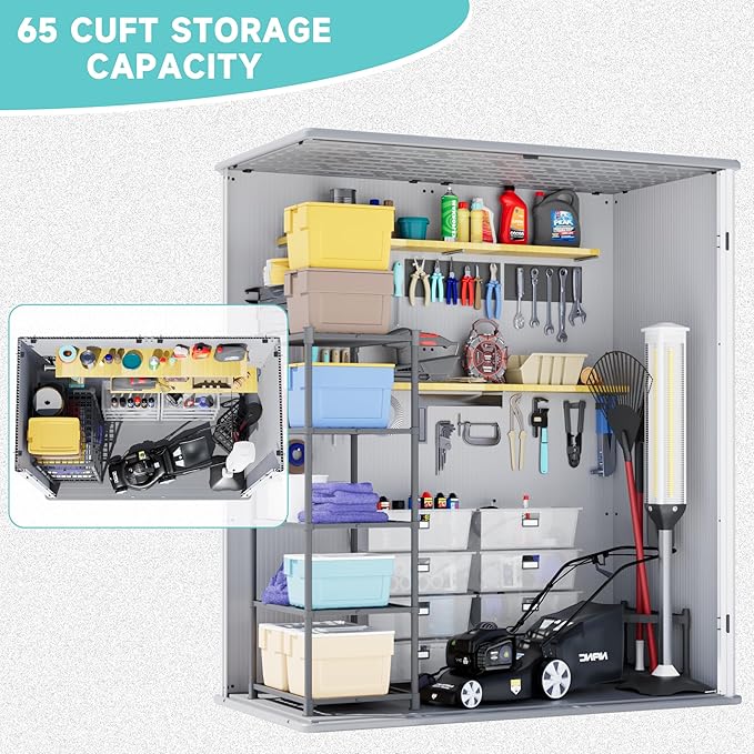 Greesum 5X3FT Plastic Storage Shed with Floor, Resin Outdoor Storaged Sheds with Lockable Door, All-Weather Tool Sheds for Garden, Backyard, Patio, Light Gray (4.7×2.5FT)