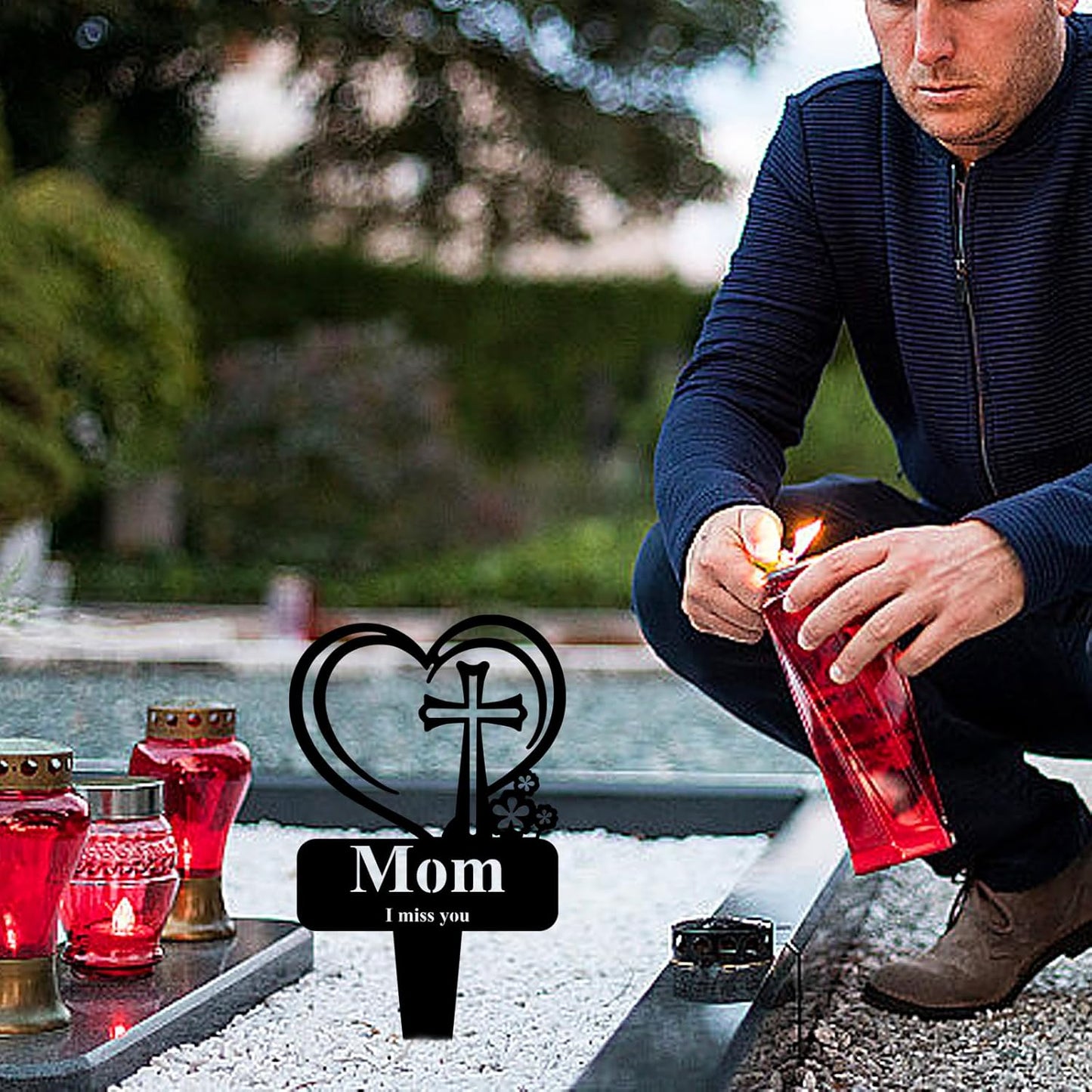 Mom Memorial Grave Stake, Cemetery Decorations for Grave Markers 12.5 x 7.2 inch Heart Metal Sympathy Stakes Graveside Plaque Decor Sign for Mother Graves, Yard, Garden - Black-Mom