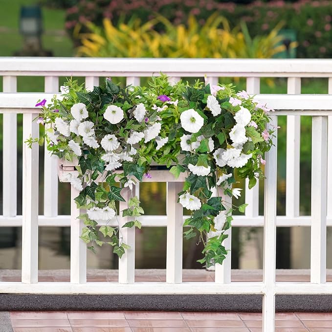RECUTMS Artificial Fake Hanging Flowers Plants for Outdoor Decoration, 2 Pcs UV Resistant Faux Petunias Trailing Plants Realistic Flower Look Real for Door Wall Yard Porch Garden Planter (White)