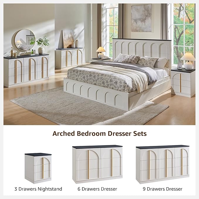 ACCOHOHO Modern Night Stand Set 2 with Arched Panel, 18" Nightstand with Charging Station, Side Table with 3 Storage Drawers, Wood Square Bedside End Table for Bedroom Living Room, White
