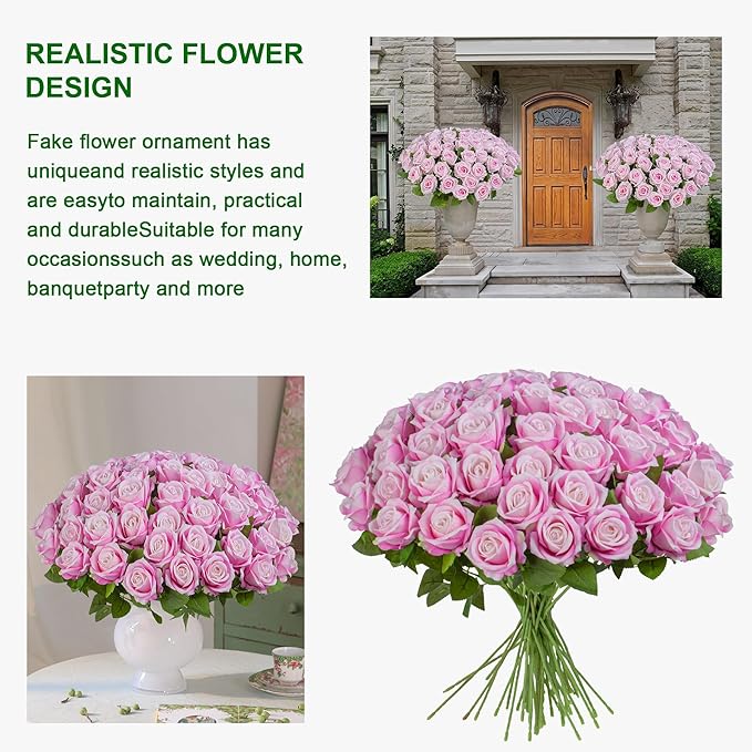 Artificial Flowers Roses Touch Fake Rose Bouquet Flower Stem Fo Wedding Centerpieces DIY Wreath Home Decorations Silk Roses Fo Mothers Party Fake Outdoor Flowers Decor 19.6"(Deep Pink 50PCS)