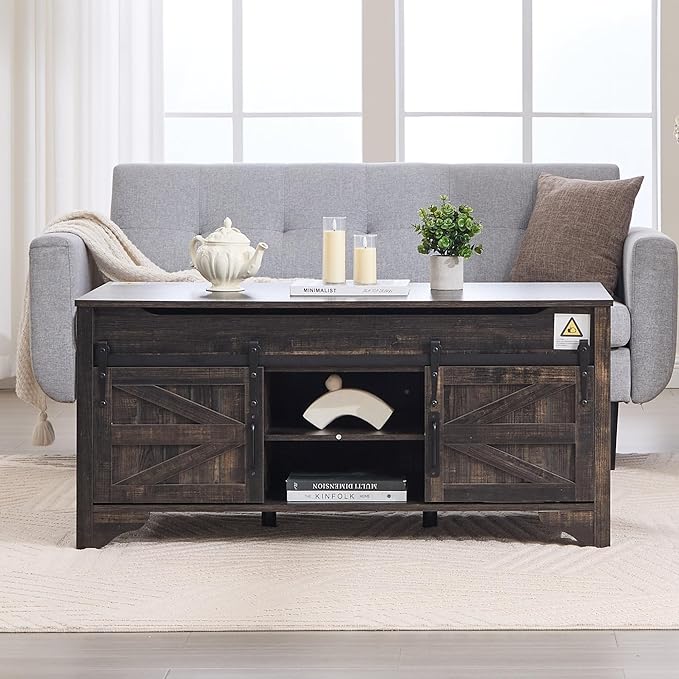Lift Top Coffee Table with Sliding Barn Door 47.64" W Rustic Storage Coffee Tables, Wood Rectangle Center Table with Hidden Storage Compartment for Home, Office, Black