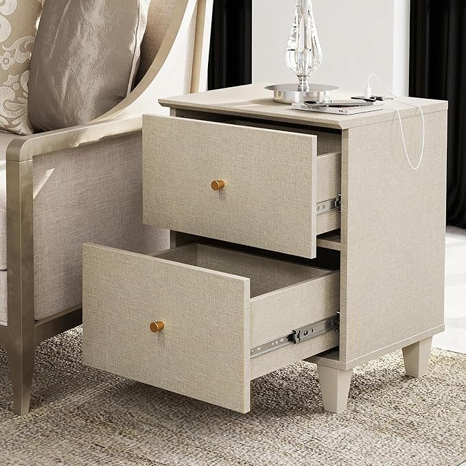 WAMPAT Set of 2 Nightstands with Charging Station&2 Drawers Storage, Modern End Tables Mid-Century Wood Bedside Tables with 2 AC Outlets & USB Ports for Living Room, Bedroom, Beige Faux Linen