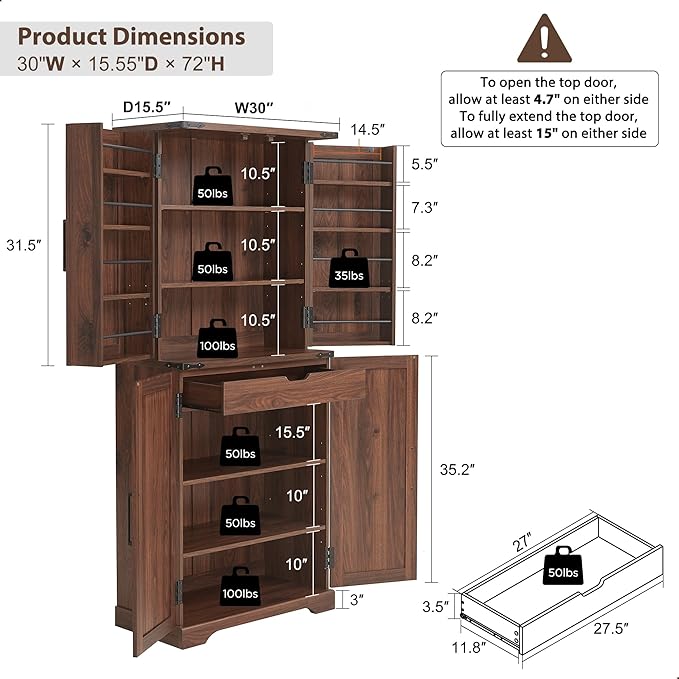 ACCOHOHO 72" Tall Kitchen Pantry, Farmhouse Storage Cabinet with Barn Doors, Organizer, Drawer and Adjustable Shelves, Rustic Wood Cupboard for Kitchen, Dining Room, Bathroom, Brown