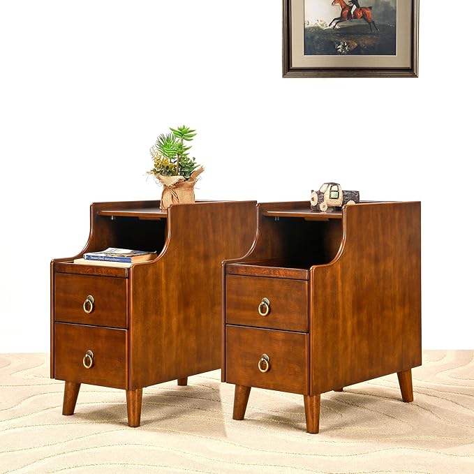 2-Set Solid Hardwood End Table with 2 Drawers, Traditional Beside Tables with Pull-Out Coffee Tray, Modern Vintage Sofa Chair Side Table Nightstand for Living Room Bedroom, Cherry Brown Accent Table