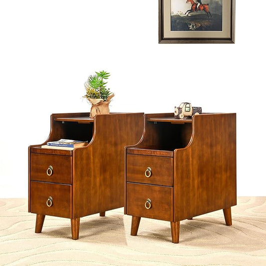 2-Set Solid Hardwood End Table with 2 Drawers, Traditional Beside Tables with Pull-Out Coffee Tray, Modern Vintage Sofa Chair Side Table Nightstand for Living Room Bedroom, Cherry Brown Accent Table