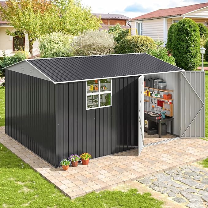 10x12 FT Outdoor Metal Storage Shed with Window, Large Lockable Metal Garden Tool Shed with Heavy-Duty Frame for Backyard, Patio, and Lawn, Black