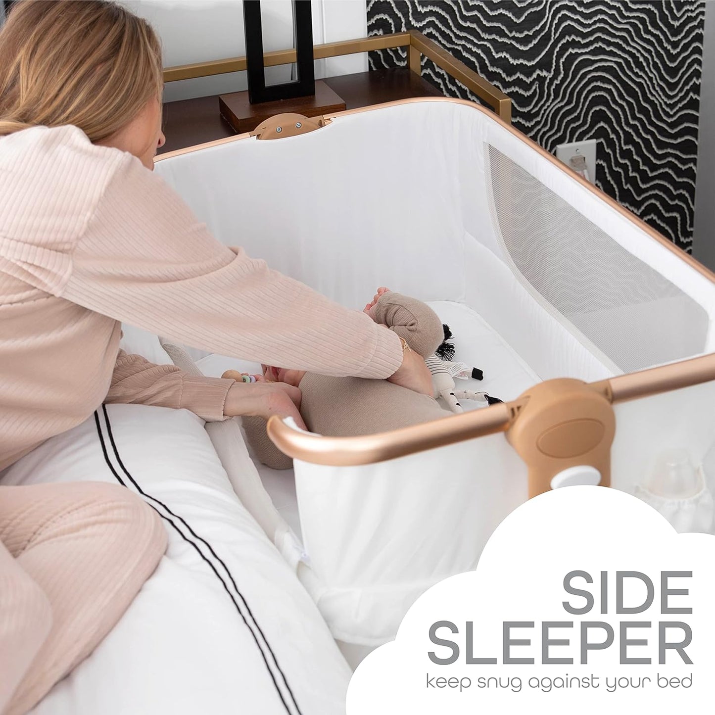 KoolerThings Baby Bassinet, Bedside Sleeper for Baby, Easy Folding Portable Crib with Storage Basket for Newborn, Bedside Bassinet, Comfy Mattress/Travel Bag Included (Bassinet) (White & Gold)