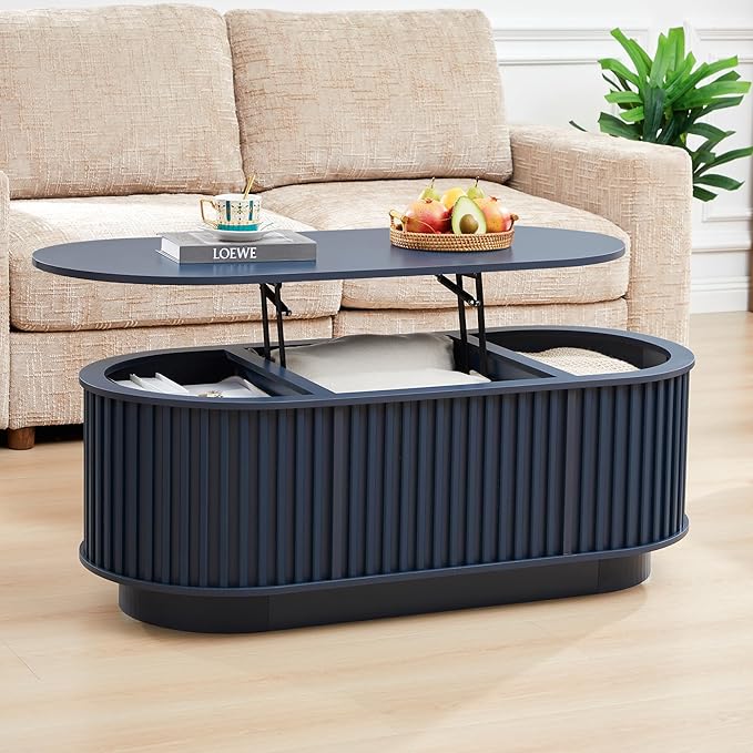 Oval Lift Top Coffee Table with Storage, 43.3”Mid Century Modern Center Table with Hidden Compartment, Fluted Wooden Lift Tabletop Dining Table for Living Room Apartment Home Office,Blue