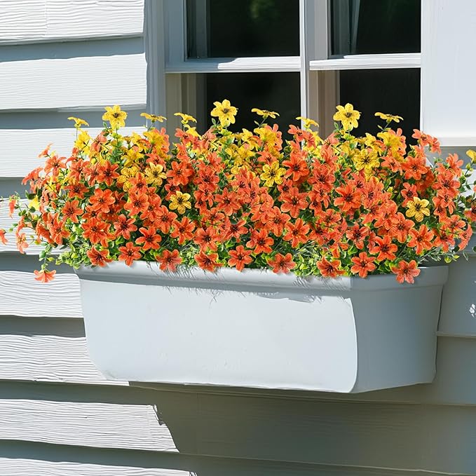 Artificial Mums Fake Fall Flowers for Outdoors Decoration, 12 Bundles Realistic Autumn Silk Daisy Faux Plants UV Resistant Decor for Home Garden Porch Patio Yard Balcony Window (Orange Yellow)