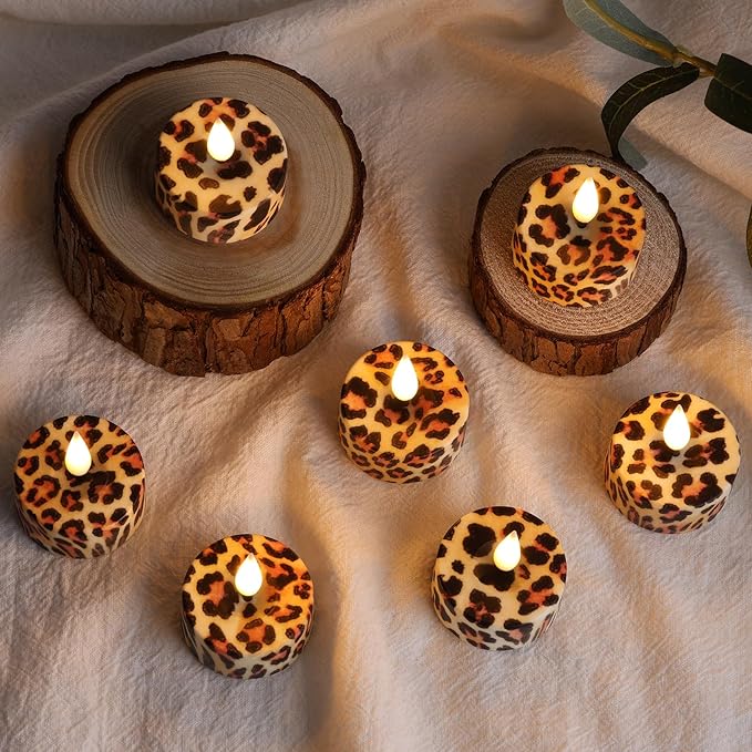 Eywamage Leopard Flameless Tealights with Remote Batteries, Flickering Cheetah LED Tea Votive Candles Christmas Gift Set of 12