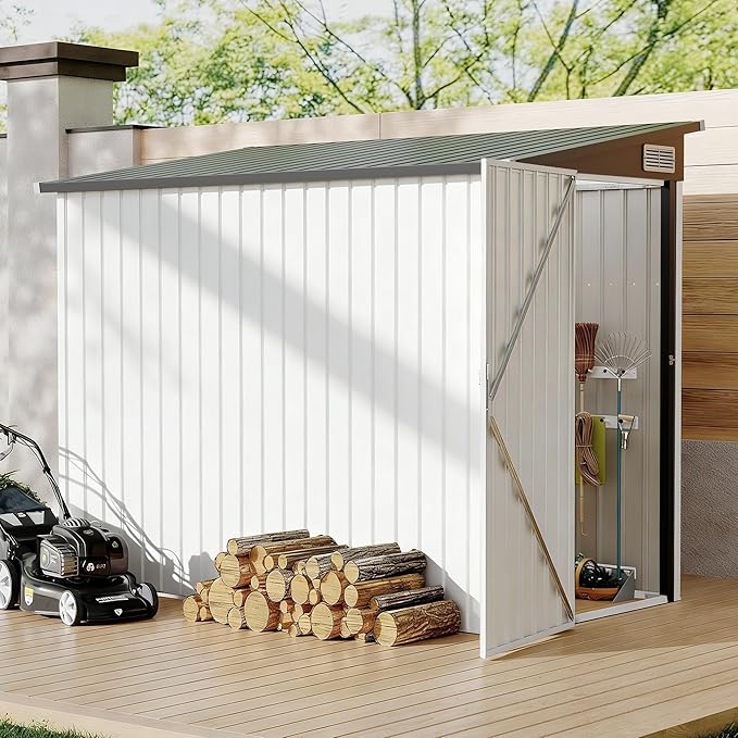 4x8 FT Metal Outdoor Lean to Storage Shed, Lean to Garden Shed Utility Tool Shed, Heavy-Duty Outdoor Metal Wall Side Storage Sheds