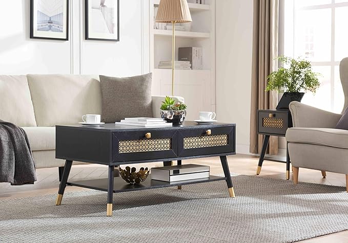 Mid Century Modern Black Coffee Table with Storage Drawers & Open Shelf, Solid Wooden Boho Rectangle Table with Metal Legs Designed for Living Room, Office, Lounge. Black Color with Golden Decor