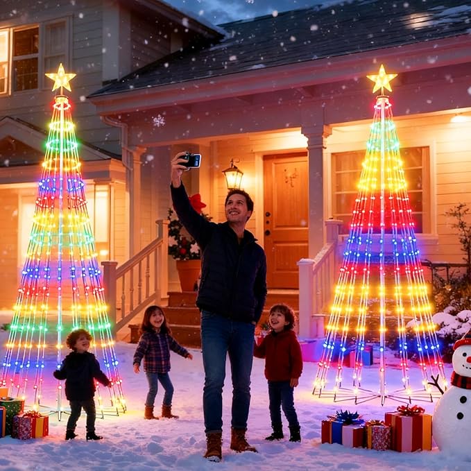 Outdoor LED Christmas Tree 7FT RGB Smart Cone Tree, 295 LED App & Remote Controlled Christmas Lights - DIY Light Show, Music Sync, Timer, IP44 Waterproof Yard Lawn Patio Holiday Decorations