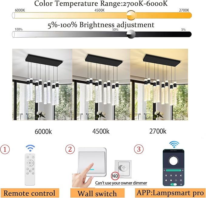 8-Lights Black Hanging Pendant Light for Kitchen Island Modern Dimmable LED Crystal Chandeliers for Dining Room Bedroom Living Room Over Table Adjustable Height
