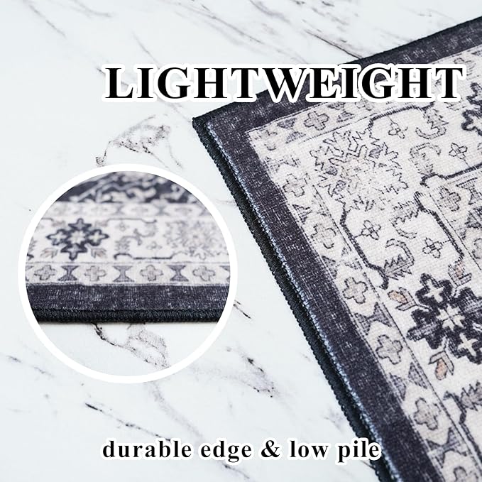 Hallway Washable Runner Rug - 2'6x12 Kitchen Rugs Entryway Rug Runner Vintage Soft Floor Mat Non Slip Indoor Farmhouse Carpet for Bathroom Living Room Bedroom (2'6''x12', Black)