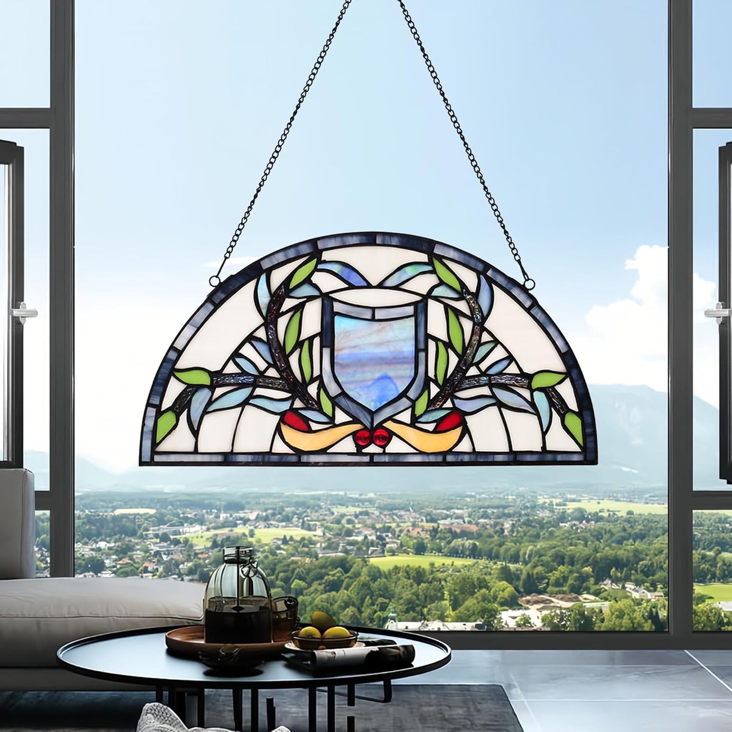 YOURANJU Half Moon Stained Glass Window Hanging Tiffany Style 16" x 8" Half-Round Window Panel Housewarming Gift Living Room Bedroom Kitchen Window Decorative Hangings with Chain (Rattan)
