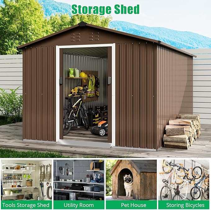 8X12 Ft Outdoor Metal Storage Shed with Roof, Weatherproof Steel Tool Shed with Lockable Door for Lawn Mower, Bike & Garden Equipment Storage