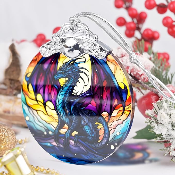 Majestic-Looking Dragon Christmas Ornament - Stained Glass Hanging Decoration for Tree, Gift Idea