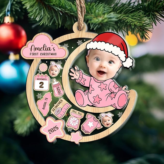 Personalized Baby's First Christmas Ornament 2025 - Custom Birth Stats Shaker Ornaments - Customized Photo Keepsake Ornaments - Xmas Tree Decoration - Gifts for Christmas